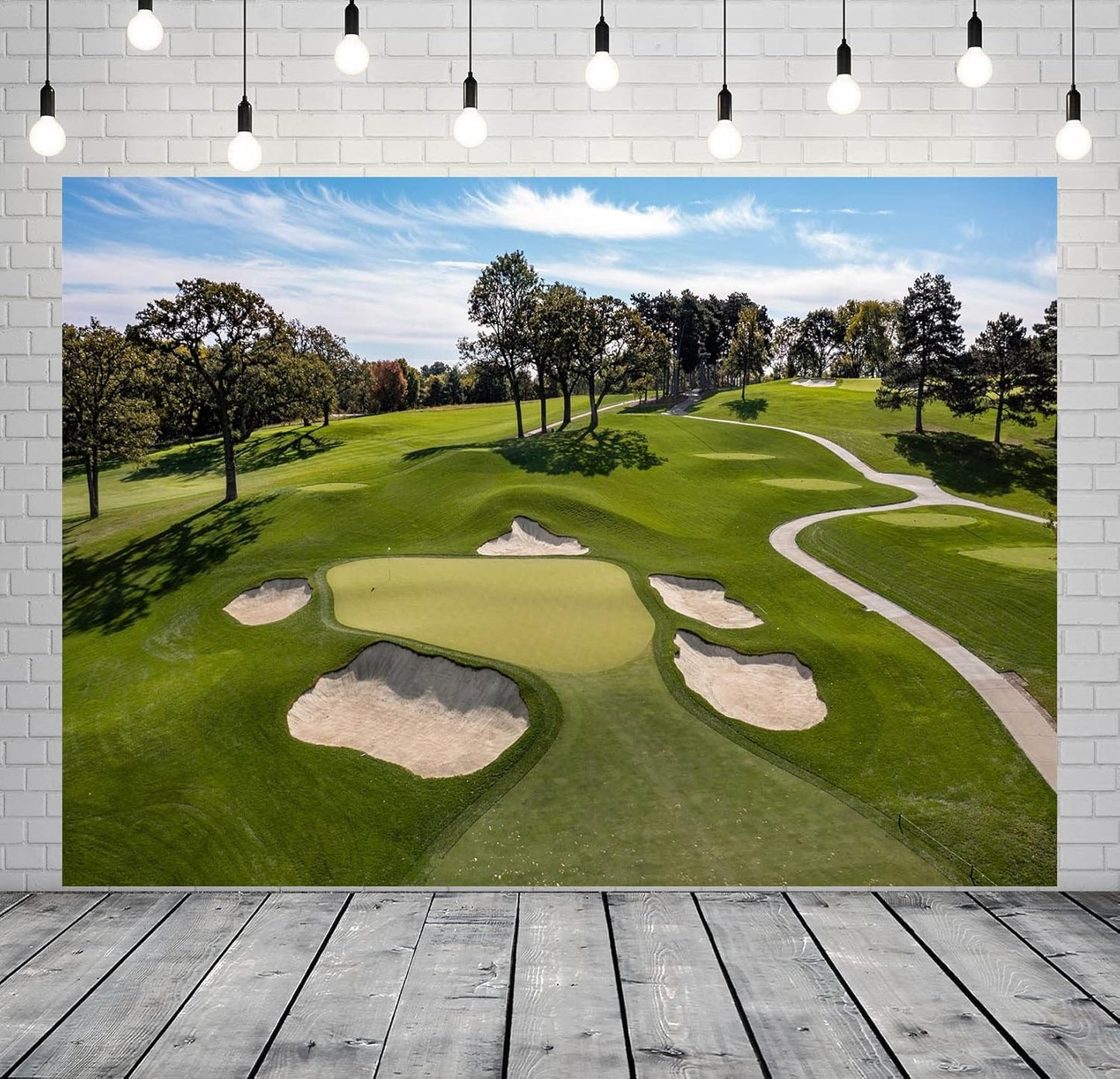 BELECO 12x10ft Fabric Golf Course Backdrop for Photography Green Grass Lawn Bunker Trees Blue Sky White Clouds Outdoor Golf Backdrop Golf Party Decorations Birthday Shoot Holiday Photo Studio Props