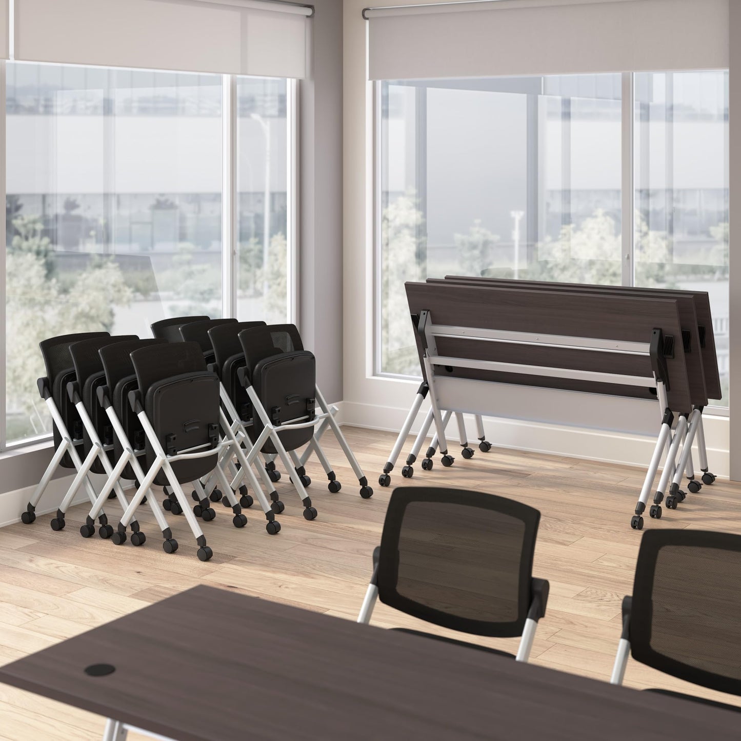 Bush Business Furniture Folding Training Table Set for 2, 60 inch, 2 Mesh Back Folding Chairs, Commercial-Grade Bundle for Office or Classroom, Envision Collection, Gray