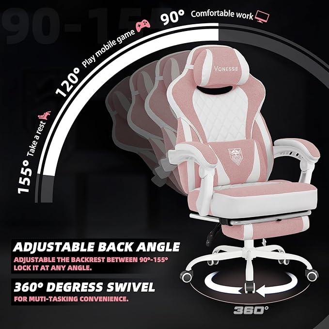 Vonesse Gaming Chair, Reclining Fabric Gaming Chairs for Adults 250LBS, Office Chair with Pocket Spring Cushion, Computer Chair with Footrest and Massage Lumbar Support (Pink)