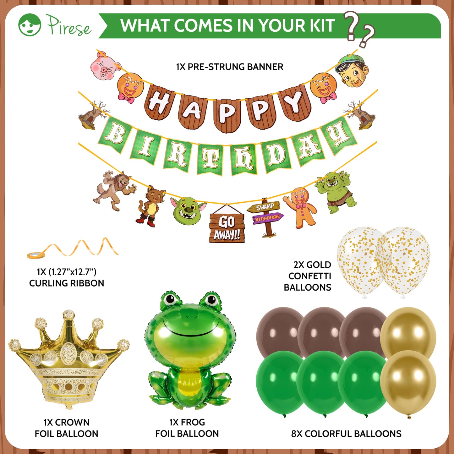 Pirese Ogre Birthday Decorations, Swamp Birthday Party Decorations Kit with Pre-Strung Happy Birthday Banner, Frog & Crown Foil Balloons, Latex and Confetti Balloons, Ogre Party Supplies