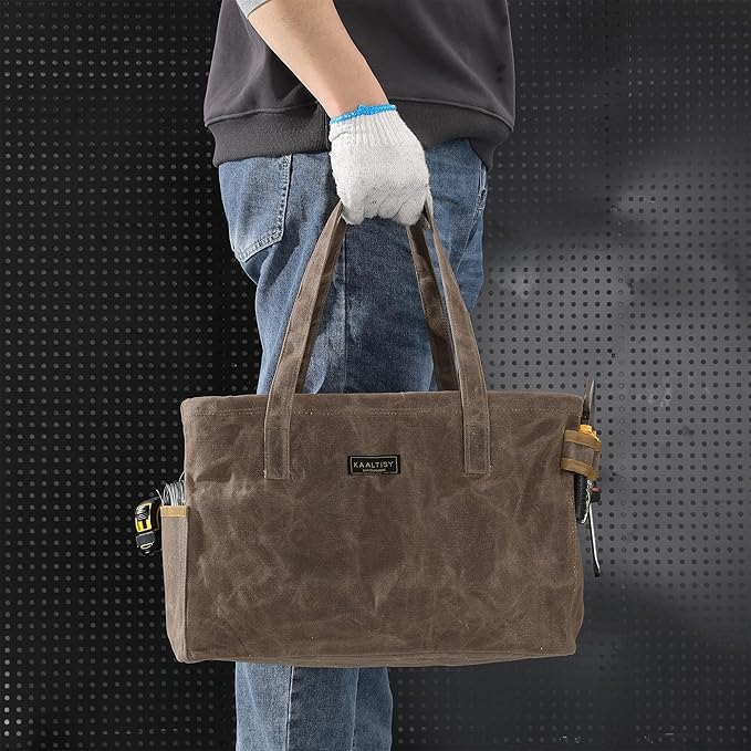 Tool Bag, Foldable Rectangular Hand Tool Storage Bag, 16OZ Waxed Canvas Tool Bag Case - with External Pockets + Sturdy Handles + Top Metal Bar - for Carpenter Repairman Gardener | Grey | 15"Lx7"Wx10"H
