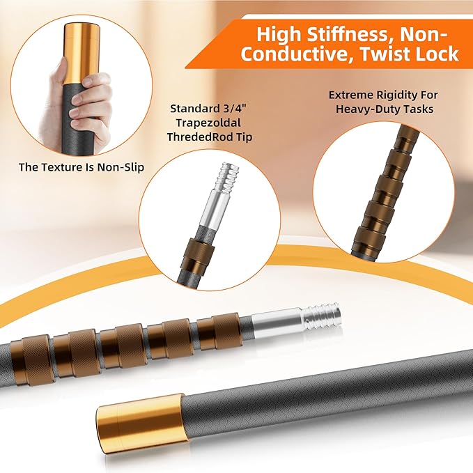 20FT Heavy-Duty Fiberglass Telescopic Extension Pole - High Stiffness, Non-Conductive, Twist Lock for Electrical Rescue, Indoor Cleaning, Pool Washing,Paint,Boat Hooks&Flags- Universal Threaded Tips