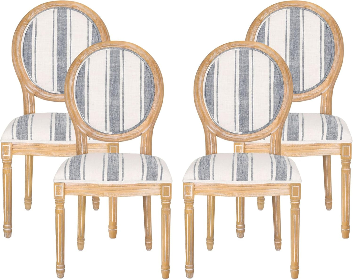 Christopher Knight Home Phinnaeus Dining Chair Set, Set of 4, Wood, Dark Blue Stripes + Light Beige + Natural