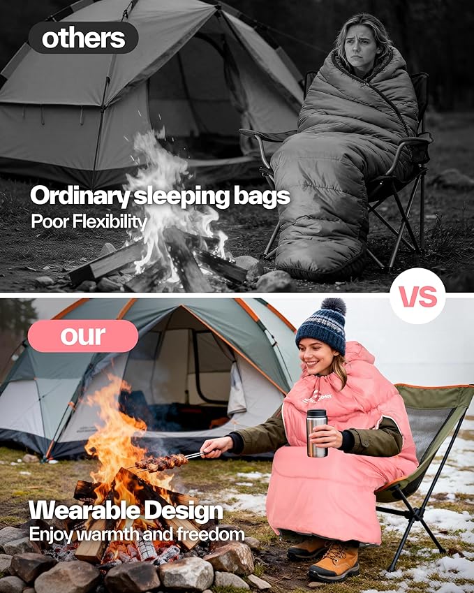 Sportneer 0 Degree Wearable Sleeping Bag for Adults & Kids – Walkable with Arm Zippers, Waterproof & Warm, Compact for Camping, Stadiums, Travel, Backpacking & Car Use