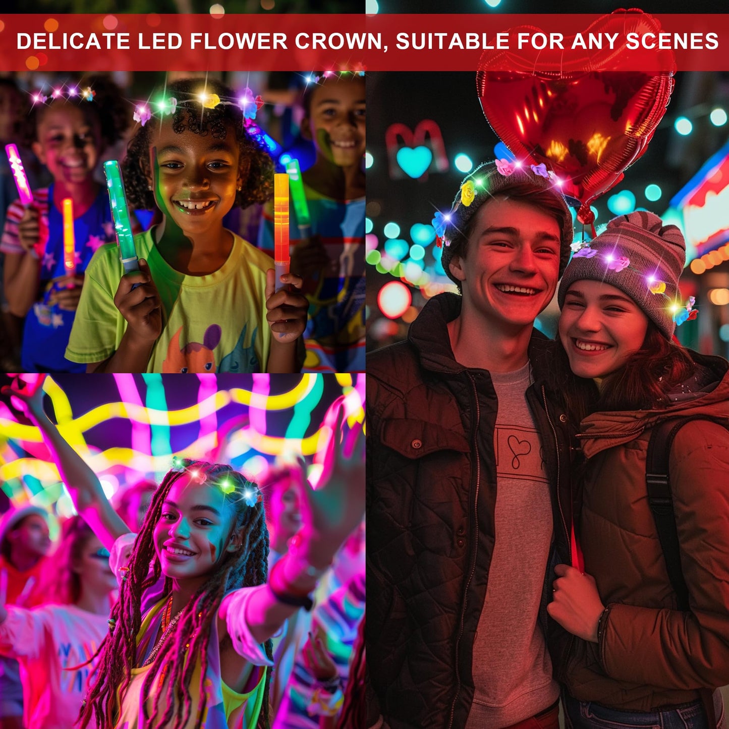 QSJQAMG 30 Pcs LED Flower Crown Headband,led Headbands,Light Up Flower Headbands for Women,Garlands Glowing Floral Wreath Crowns for Weddings,Halloween,Birthdays,Role-Playing,Beach Parties，Christmas