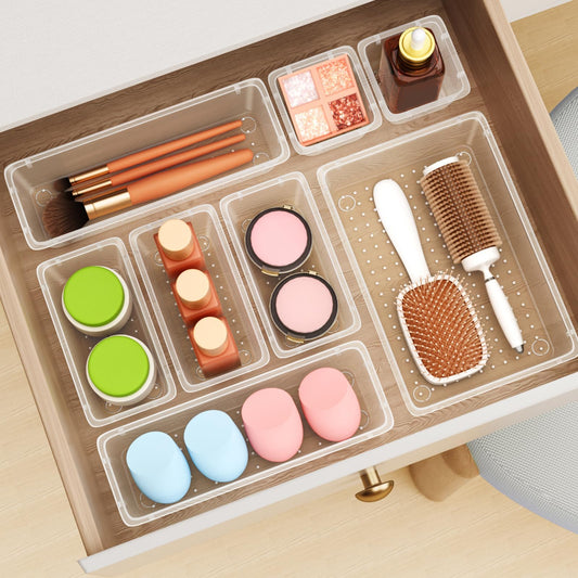 ElegantArray 12 PCS Drawer Organizer Set, 4 Sizes Tool Storage Trays, Clear Plastic Makeup Vanity Organizer and Storage Bins for Makeup, Stationeries, Multiple Gadgets for Bathroom, Office, Bedroom
