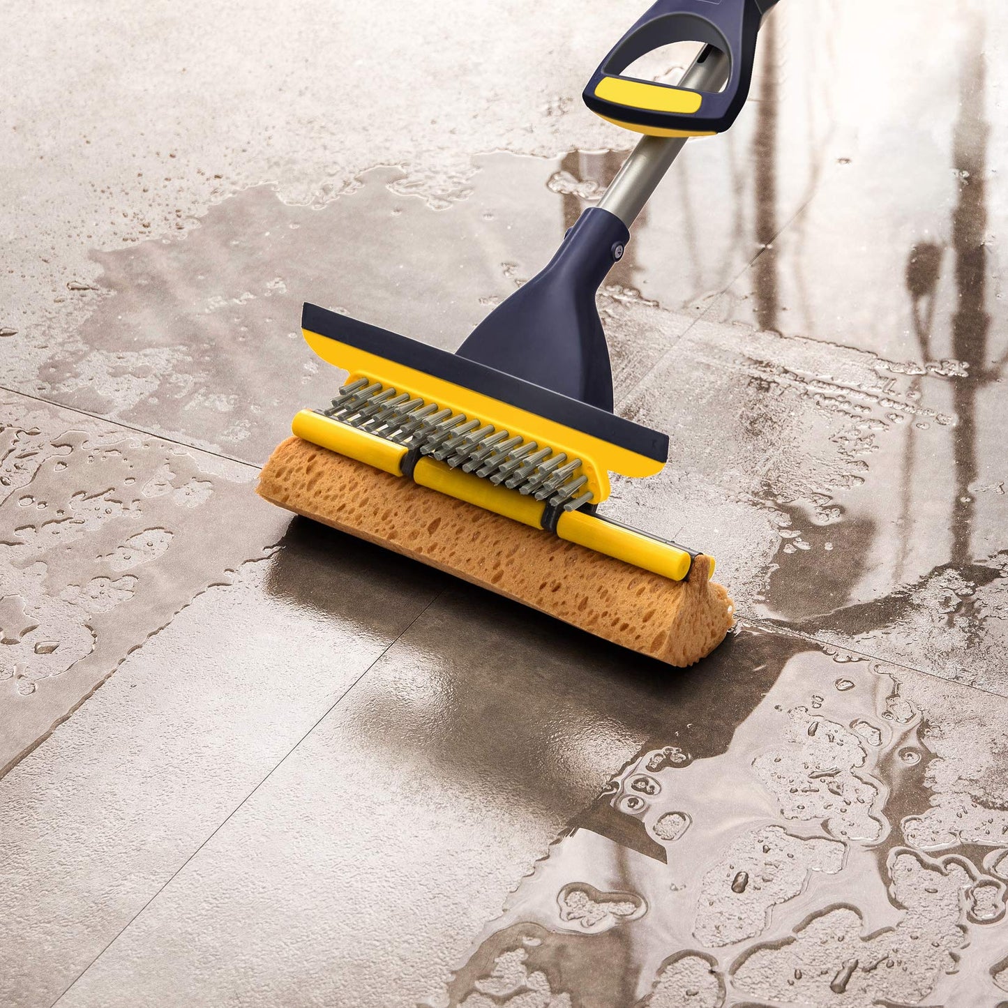 Yocada Sponge Mop Home Commercial Use Tile Floor Bathroom Garage Cleaning with Squeegee and Extendable Telescopic Long Handle 42-52 Inches Easily Dry Wringing