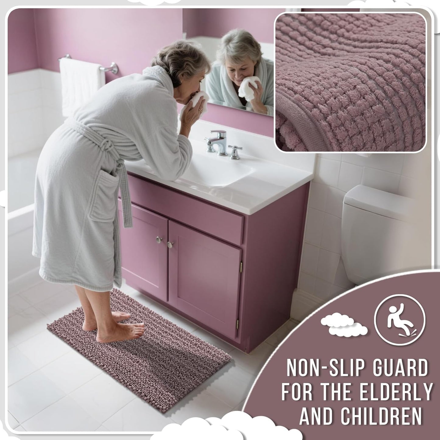 Yimobra Bathroom Rugs Non Slip Washable - Ultra Soft Absorbent Chenille Bath Mat, Quick Dry Shaggy Floor Carpet for Tub Shower, Mauve Home Decor Accessories, 24x17 Inch