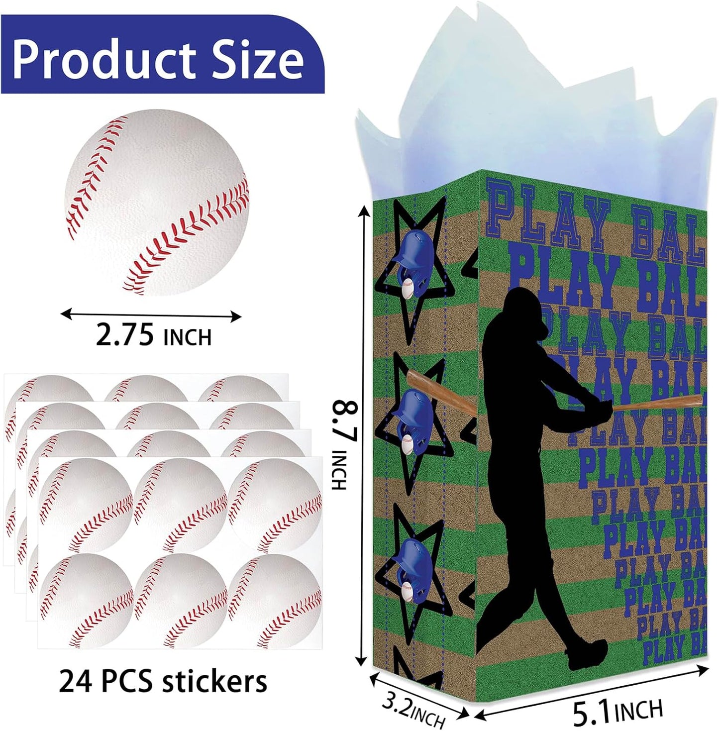 Baseball Party Favor Bags for Kids – 24 Pcs Baseball Gift Bags with 6 Designs, Paper Treat Bags for Boys Sports Theme Birthday Party Decorations Supplies