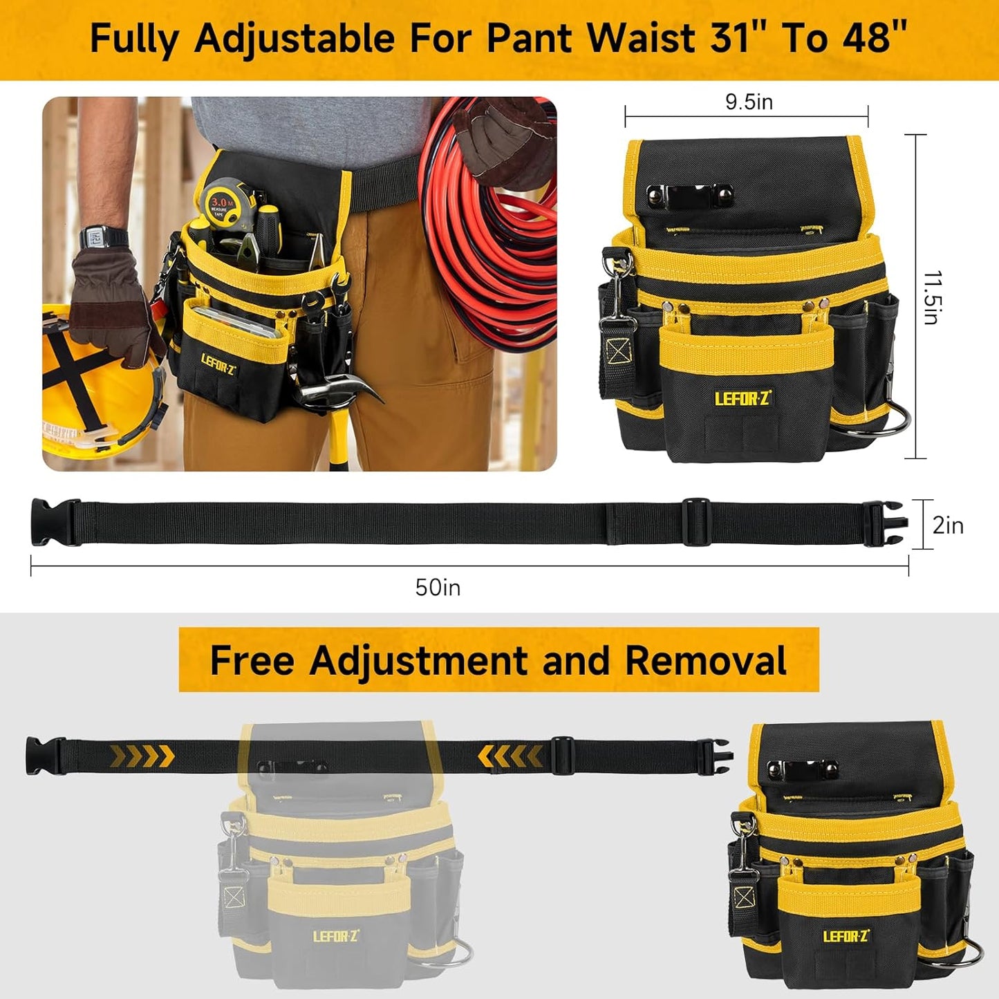 Tool Belt,Magnetic Tool Pouch,14-Pockets Tool Belts for Men,Detachable & Adjustable Tool Pouch belt for Electrician,Carpenter,Construction,Work Apron,Utility Belt,Black-Yellow