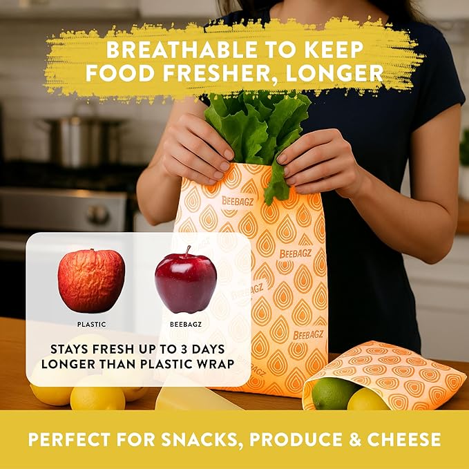 BeeBAGZ - Beeswax Wrap Storage Bag, Reusable Food Storage Bags, Pack of 3, Plastic Free Biodegradable Food Wrap Alternative, Starter Pack, 1 Small + 1 Medium + 1 Large, (Multicolors)