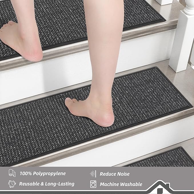 BEQHAUSE Stair Treads for Wooden Steps 28inX9in, Carpet Stair Treads Non Slip Indoor, Machine Washable Stair Runners for Kids Elders and Pets, Carpet for Stair Rugs Mat, TPE Backing, 15pcs, Charcoal