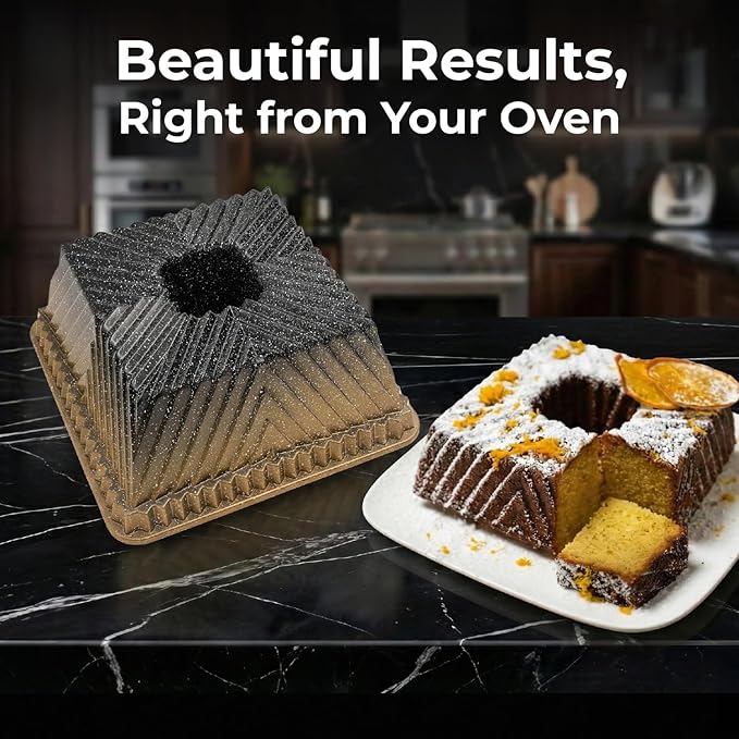 Square Fluted Tube Cake Pan, 10-Cup, Dual-Tone Gold & Black Shimmer Finish, Heavy Die-Cast Aluminum Nonstick Bakeware, 8.5-Inch Decorative Cake Mold, Easy Reales, Gift-Ready Box
