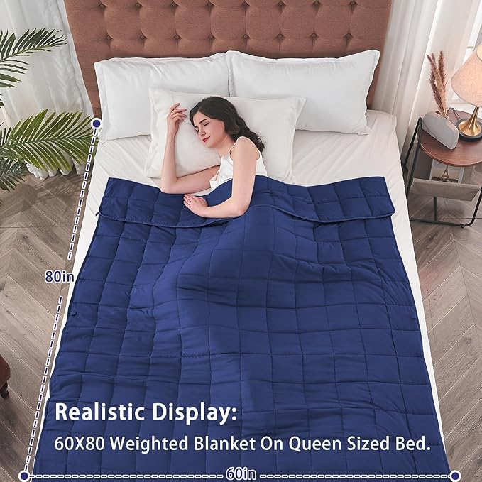yescool Weighted Blanket for Adults (12 lbs, 60" x 80", Blue) Cooling Heavy Blanket for Sleeping Perfect for 110-130 lbs, Queen Size Breathable Blanket with Premium Glass Bead, Machine Washable