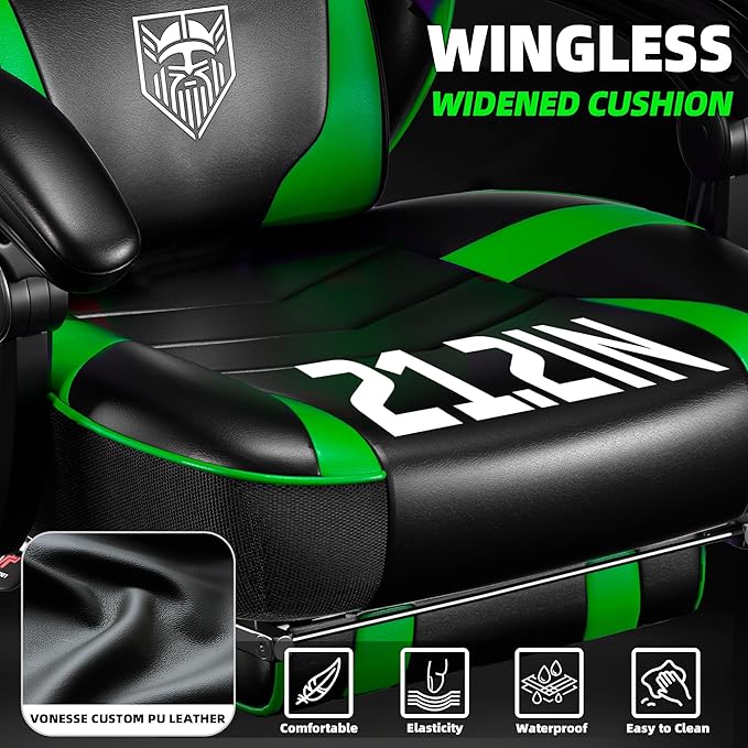 Vonesse Gaming Chair, Big and Tall Gaming Chair with Footrest and Massage, Gaming Chairs for Adults with Lumbar Support, Ergonomic High Back Computer Chair with Pocket Spring Cushion (Green/Black)
