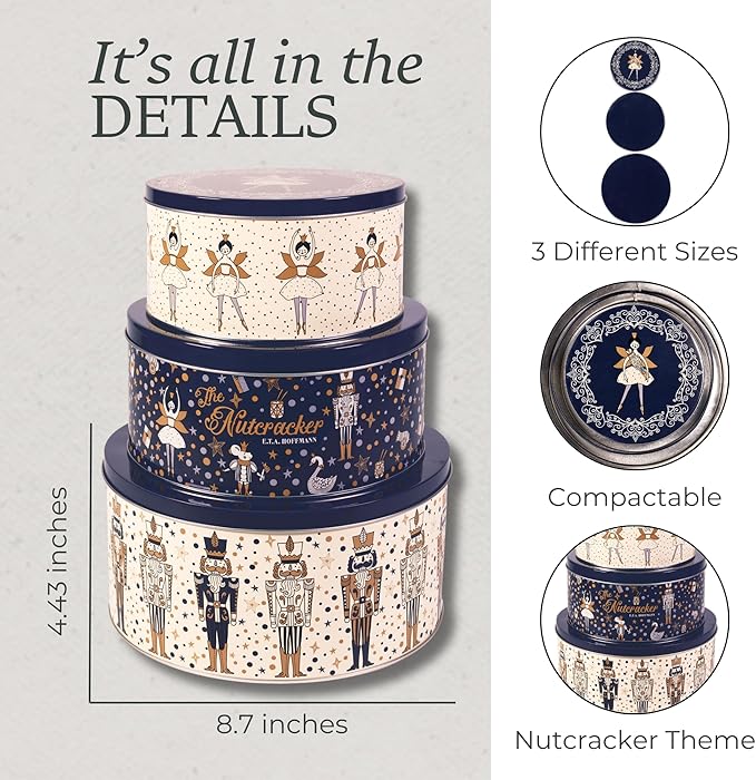 Steel Mill & Co Tin Containers with Lids, 3 Pack Christmas Cookie Tins, Festive Cookie Tins for Gift Giving & Holiday, Large Medium Small (The Nutcracker)