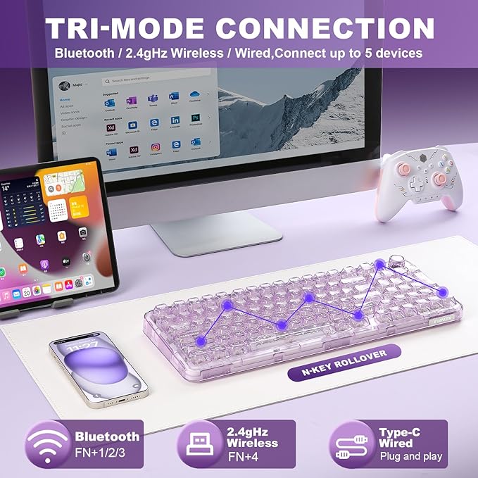 YUNZII X98 QMK/VIA Wireless Mechanical Gaming Keyboard with Knob,Tri-Mode BT5.0/USB-C/2.4GHz Hot Swappable Keyboard,Pre-lubed Switches Gasket Mount RGB Backlit for Wins/Mac (Purple, Crystal Switch)