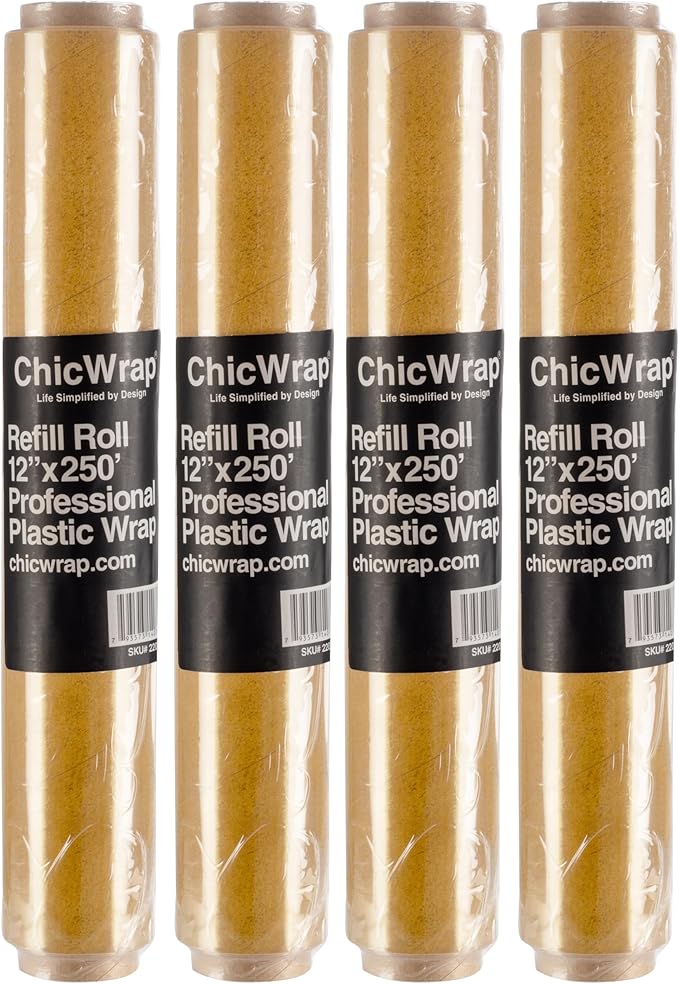 ChicWrap Professional Plastic Wrap Refill Rolls - 4 Pack, 12" x 250' BPA-Free Clear Wrap - Microwave Safe, Air-Tight Seal for Food Preservation - Ideal for ChicWrap Dispensers, Food Storage & Wrapping