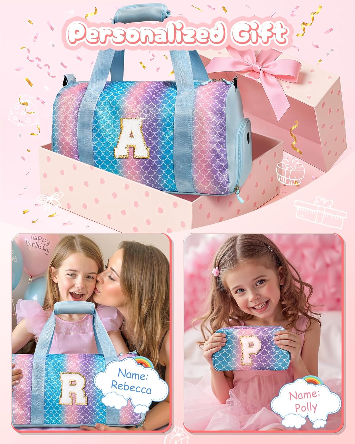 Girls Cheer Up Gifts-Girl Gym Bag with Shoe Compartment, Kid Personalized Weekender Overnight Bags, Initial Travel Tote with Makeup Pouch, Graduation Gift for Niece Kids Daughter (Letter K)