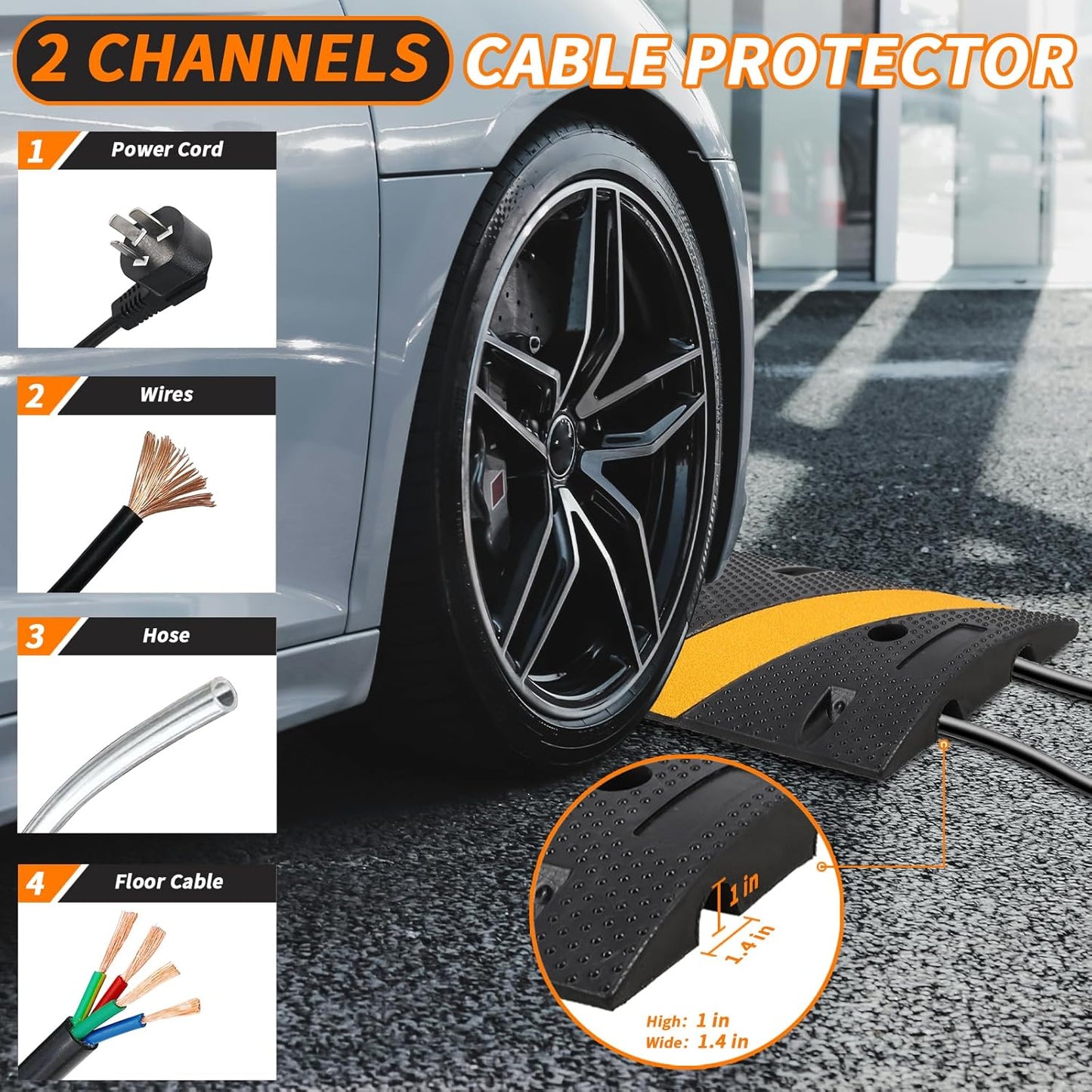 84" Rubber Speed Bumps, 1 Pack Heavy Duty Speed Bumps for Driveway Rubber Gravel Road Asphalt Parking, Modular Driveway Speed Bumps Cable Protector Ramp with 6 Bolts Spikes, 2 End Caps