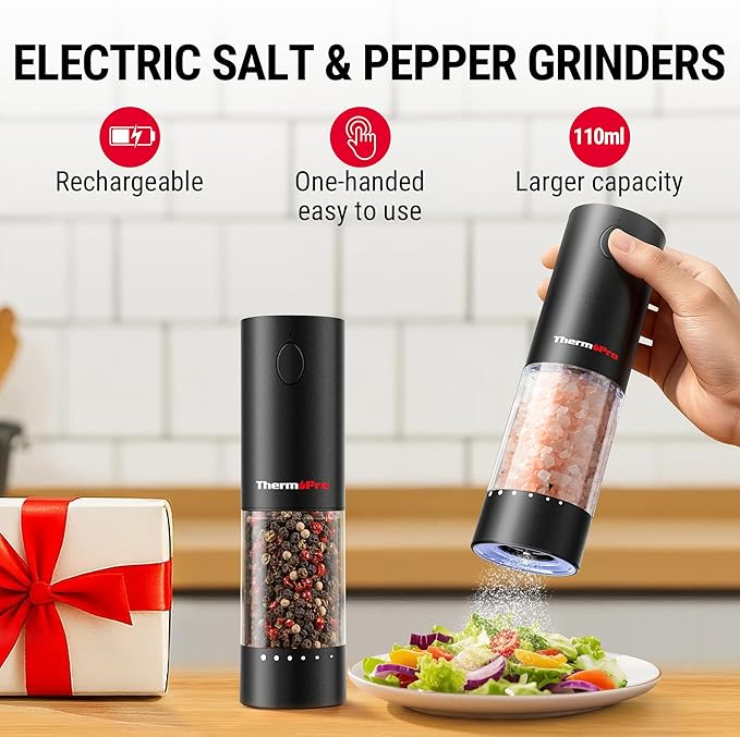 ThermoPro Electric Salt and Pepper Grinder Set Rechargeable, 110ml Automatic Pepper Grinder Shakers with 6 Levels External Adjustment, Refillable Pepper Mill Set with LED for New House Warming Gifts