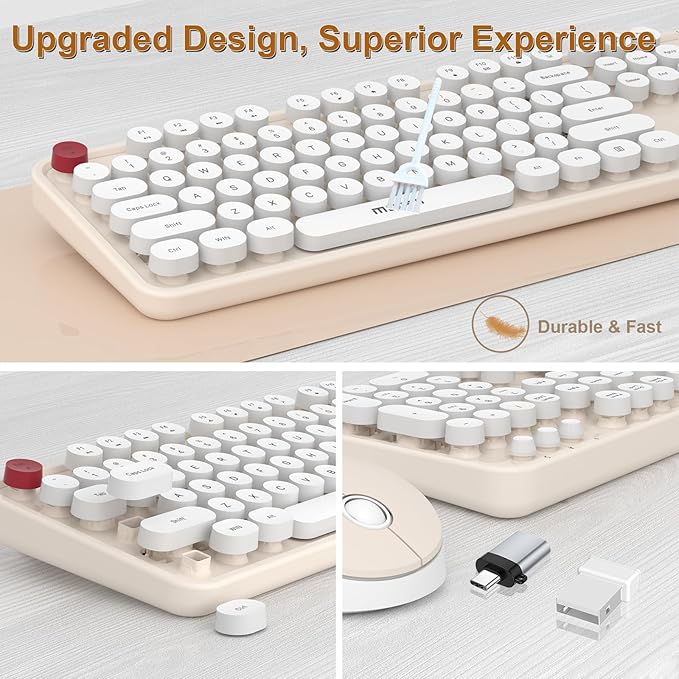 Cream Wireless Keyboard Mouse, COOFUN 104 Keys Full Size White Keyboard Ergonomic Cordless Keyboards Cute Colorful Retro Typewriter Key Board for Windows, PC, Laptop, Desktop (Creamy)