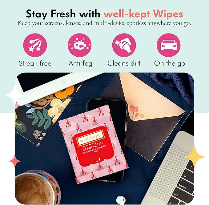 Well-Kept Tech & Lens Wipes - Eyeglass, Screen & Phone Cleaning, Multi-Surface, Lint-Free, Pre Moistened, Streak-Free & Non Scratching - Lobsterfest, 6 Pack (90 Count)