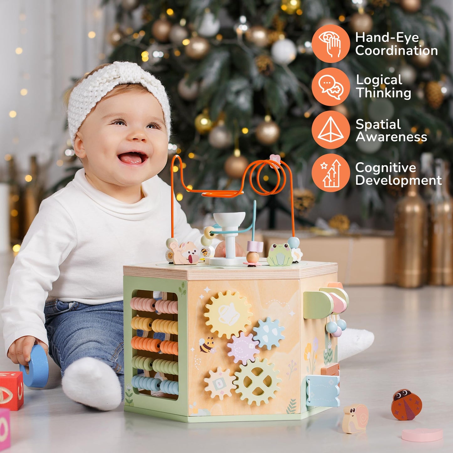 ROBUD Wooden Activity Cube, Montessori Toys for 1+ Year Old, Educational Toy with 13 Functional Areas, Fountain Garden Theme for Baby Boys & Girls