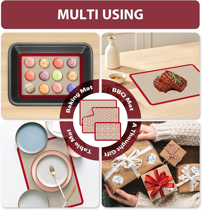 Macaron Silicone Baking Mats, 3 PCS Non Stick Macaroon Mat Silicone for Macarons, Cookie, Pastry, Red