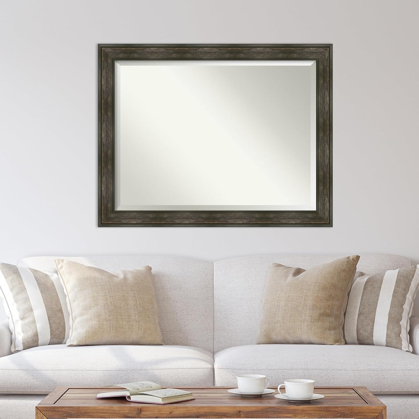 Amanti Art Brown Wall Mirror 36x46 Rail Rustic Char Rectangle Bathroom Mirror for Wall Decor Living Room, X-Large Country Rustic Frame, Hangs Horizonally and Vertically, Bathroom Decor, Beveled Edge