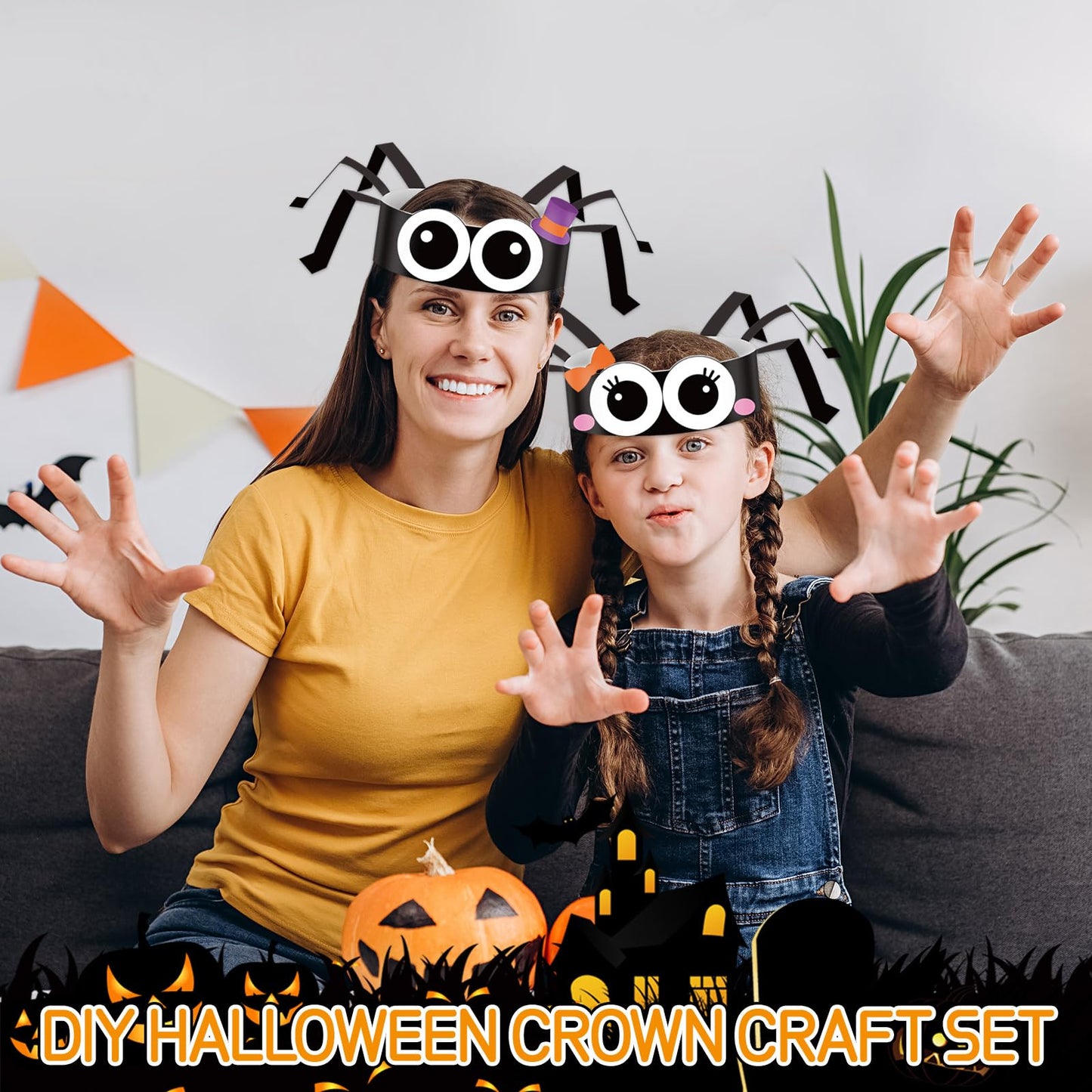 Qyeahkj 24 Sets Halloween Headbands Craft Kits DIY Spider Crown Art Sets Halloween Spider Paper Hat Making Kit DIY Stickers Art & Craft Adjustable Crown Party Decoration Holiday Activities Supplies