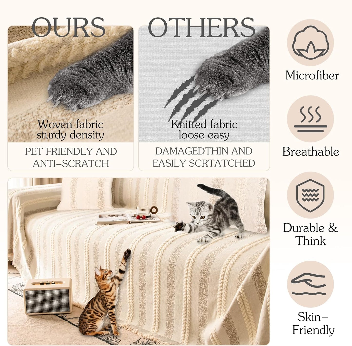 Couch Cover for Dogs Washable Sofa Cover, Sectional Couch Covers, Sofa Covers for 2 Cushion Couch, Non Slip Stripe Sofa Slipcovers Furniture Protector, Couch Protector from Cat Claws, Beige,71''x150''