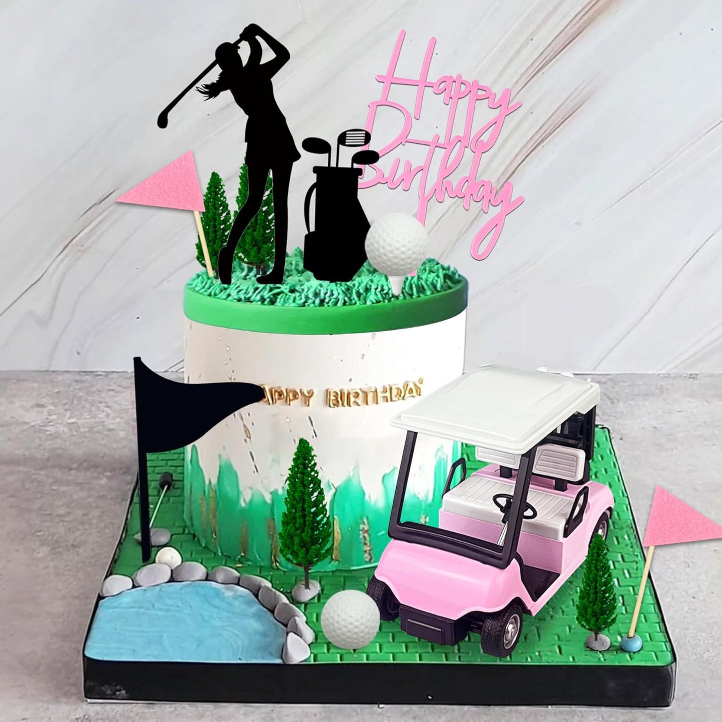 Golf Cake Decorations Golf Cart Cake Toppers Heading for The Pink Cake Topper with Cart Flag White Ball for Theme Party Supplies (Pink)