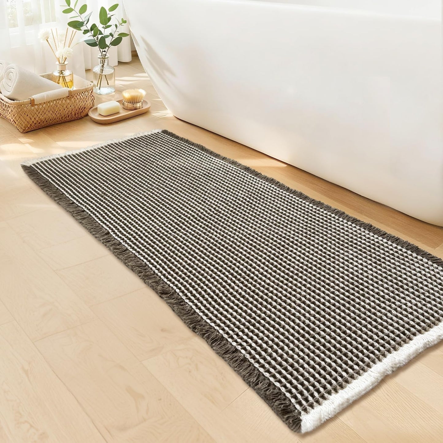 Waffle Bath Mat - Boho Bathroom Rugs Non Slip Washable, Super Absorbent & Quick Dry, Soft Bath Mat Farmhouse Bathroom Decor, 20'' x 48'', Olive Green and White