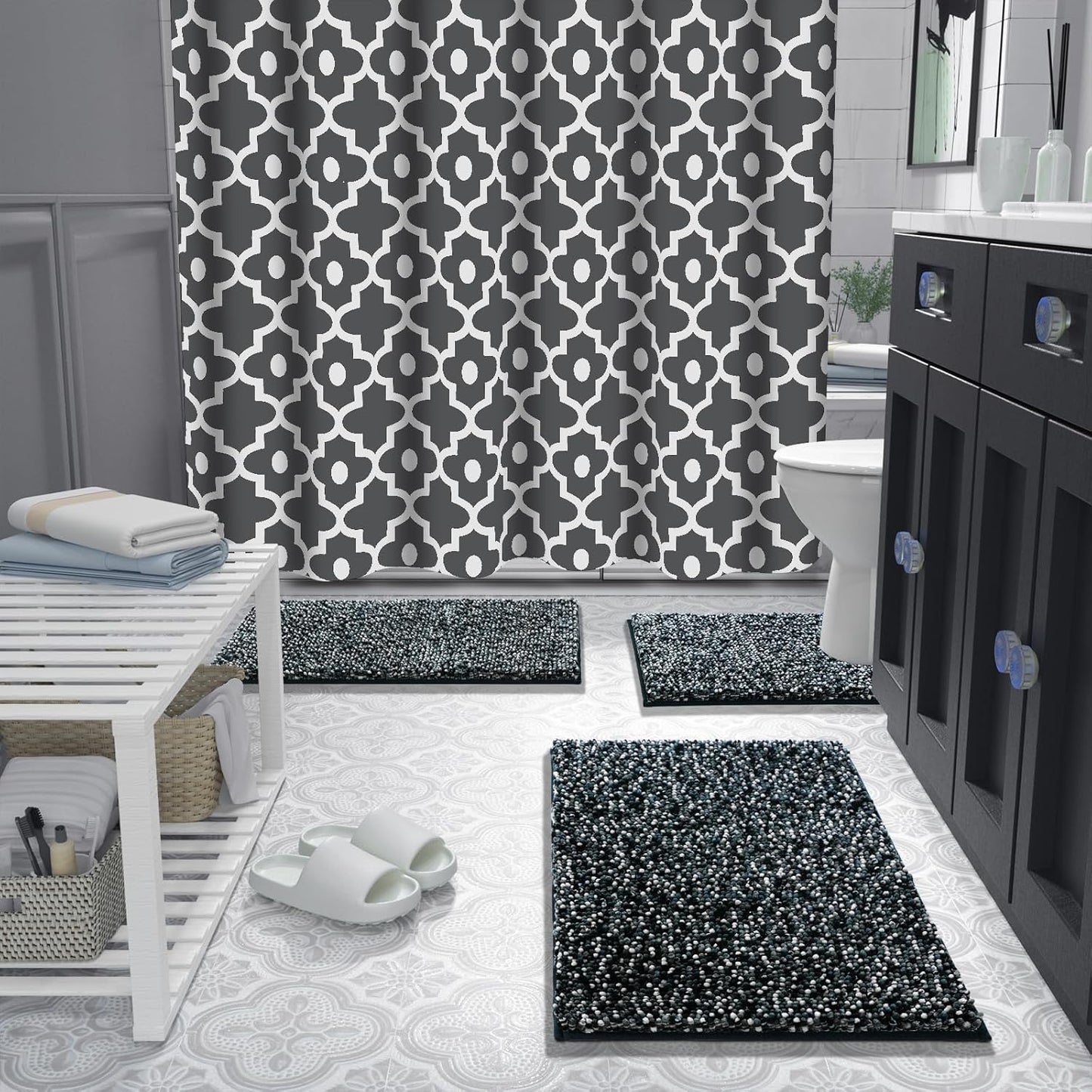 Yimobra Bath Mats for Bathroom Non Slip, 28x17.5, Extra Soft Chenille Bathroom Rugs, Fluffy Plush Luxury Shower Mat Outside, Water Absorbent, Machine Washable, Black & Dark Grey