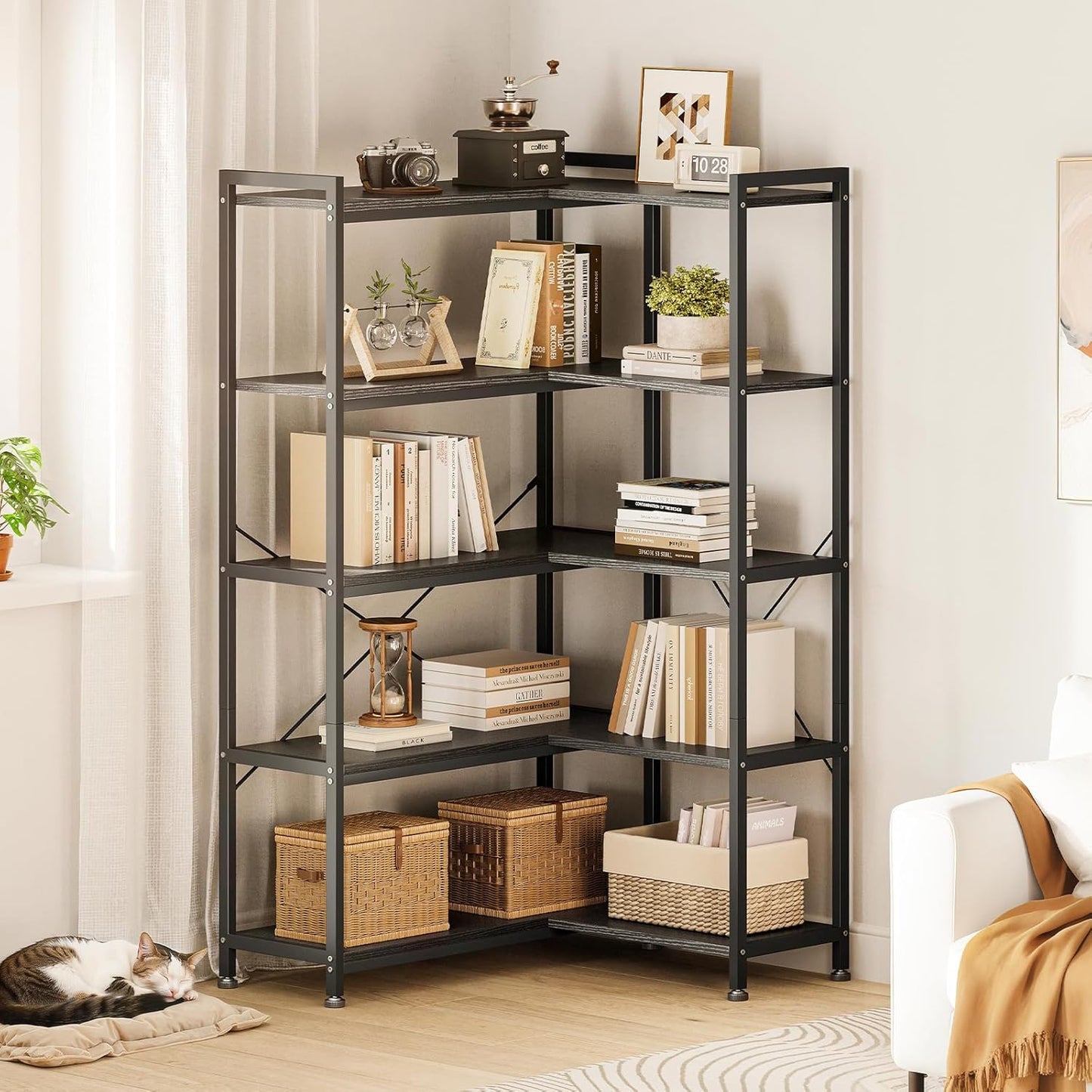 Casaottima Corner Bookshelf 5 Tier, 57 Inches Reversible Book Shelf for Living Room, Industrial Wooden Bookcase with Open Shelves and Metal Frame for Bedroom, Home Office, Kitchen, Black
