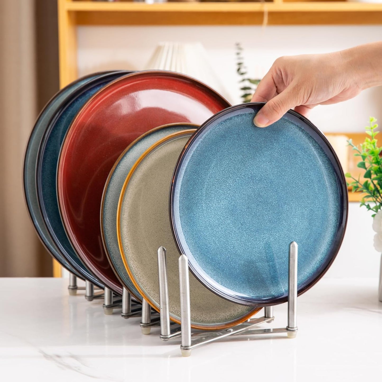 LeRatio Ceramic Dinnerware Sets for 6,Porcelain Plates and Bowls Sets,Handmade Reactive Glaze Dishes Set,Chip Resistant and Scratch Resistant | Oven&Dishwasher & Microwave Safe)-Colorflu(18PCS)