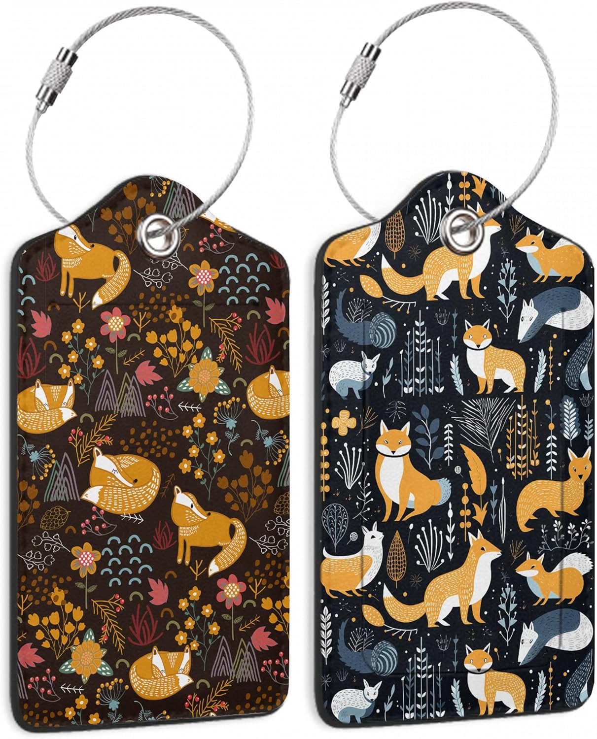 Foxes in The Forest 2 Pack Luggage Tag for Suitcase, Cute Unique Leather Bag Tags Identifiers Privacy Cover ID Label with Durable Steel Loop for Women Men Kids Girls Travel