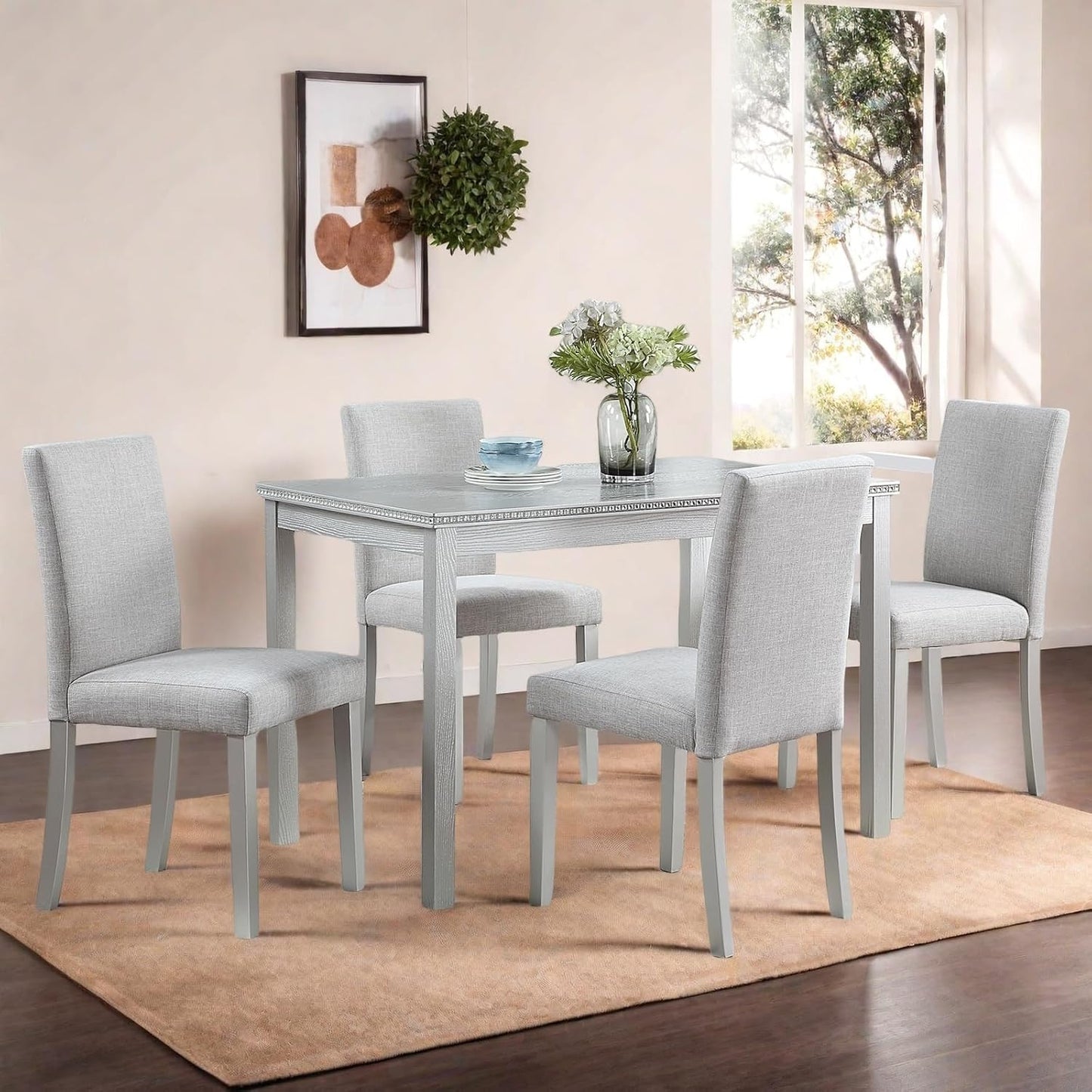 Dining Table Set for 4, 5-Piece Dining Room Table Set with Rectangular Crystal Decoration Table & 4 Upholstered Backrest Chairs, Counter Height Kitchen Sets with MDF Tabletop, Silver Gray
