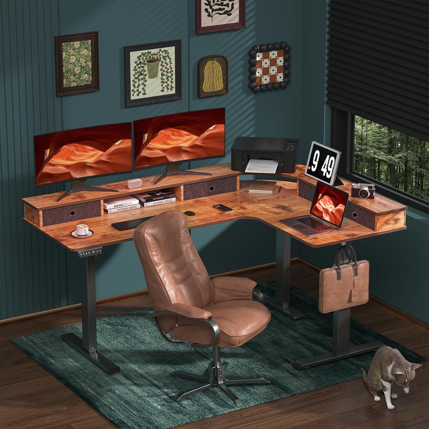 L-Shaped Electric Height Adjustable Desk, 67-inch Reinforced Motor Office Desk with Drawers & Monitor Stand, Ergonomic Design for Healthy Posture, Home Study Gaming, Max load 330 lbs, Retro Brown