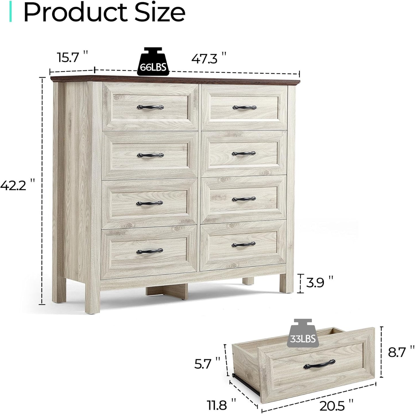 LINSY HOME 8 Drawers Dresser for Bedroom, 47" Wide Wooden Storage Chest with Antique Handles, Modern Farmhouse Dresser TV Stand with Wood Legs for Closet, Living Room, Hallway, Beige