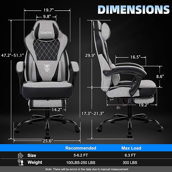Vonesse Gaming Chair, Reclining Fabric Gaming Chairs for Adults 250LBS, Office Chair with Pocket Spring Cushion, Computer Chair with Footrest and Massage Lumbar Support (Light Gray)