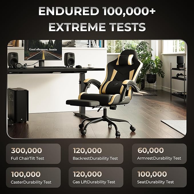 Gaming Chair with Footrest, Ergonomic 330lbs Leather Mesh Chair, Massage Lumbar Support, Adjustable Height & Headrest Pillow, Breathable Seat for Office, Home, Streaming, Long Gaming Sessions, Gold