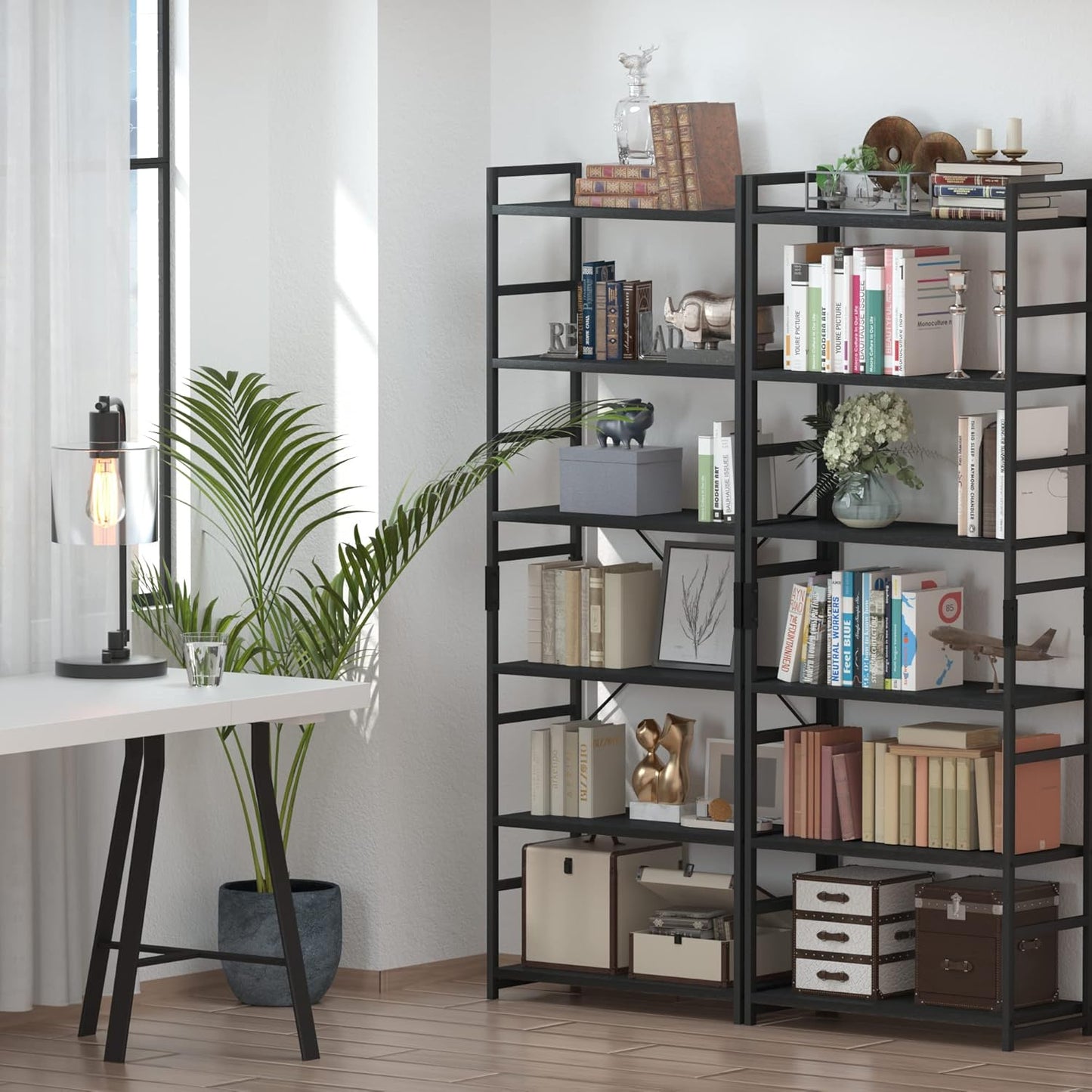 NUMENN 6 Tier Bookshelf, Tall Bookcase Shelf Storage Organizer, Modern Book Shelf for Bedroom, Living Room and Home Office, Black