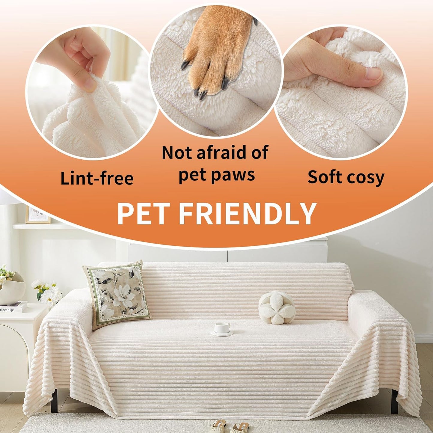 HAOMAIJIA Faux Fur Sofa Covers Couch Covers for 3 Cushion Couch Sofa Pet Friendly Soft Non Slip Couch Cover for Dogs Washable Sectional Couch Covers L Shape Furniture Protector (Off White, 91"x134")