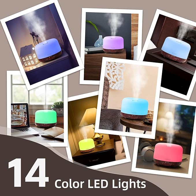 ASAKUKI Essential Oil Diffuser for Home, 500ml Aromatherapy Fragrant Oil Humidifier Vaporizer, 7-Color Light and Auto-Off Safety Switch (Reddish-Brown)
