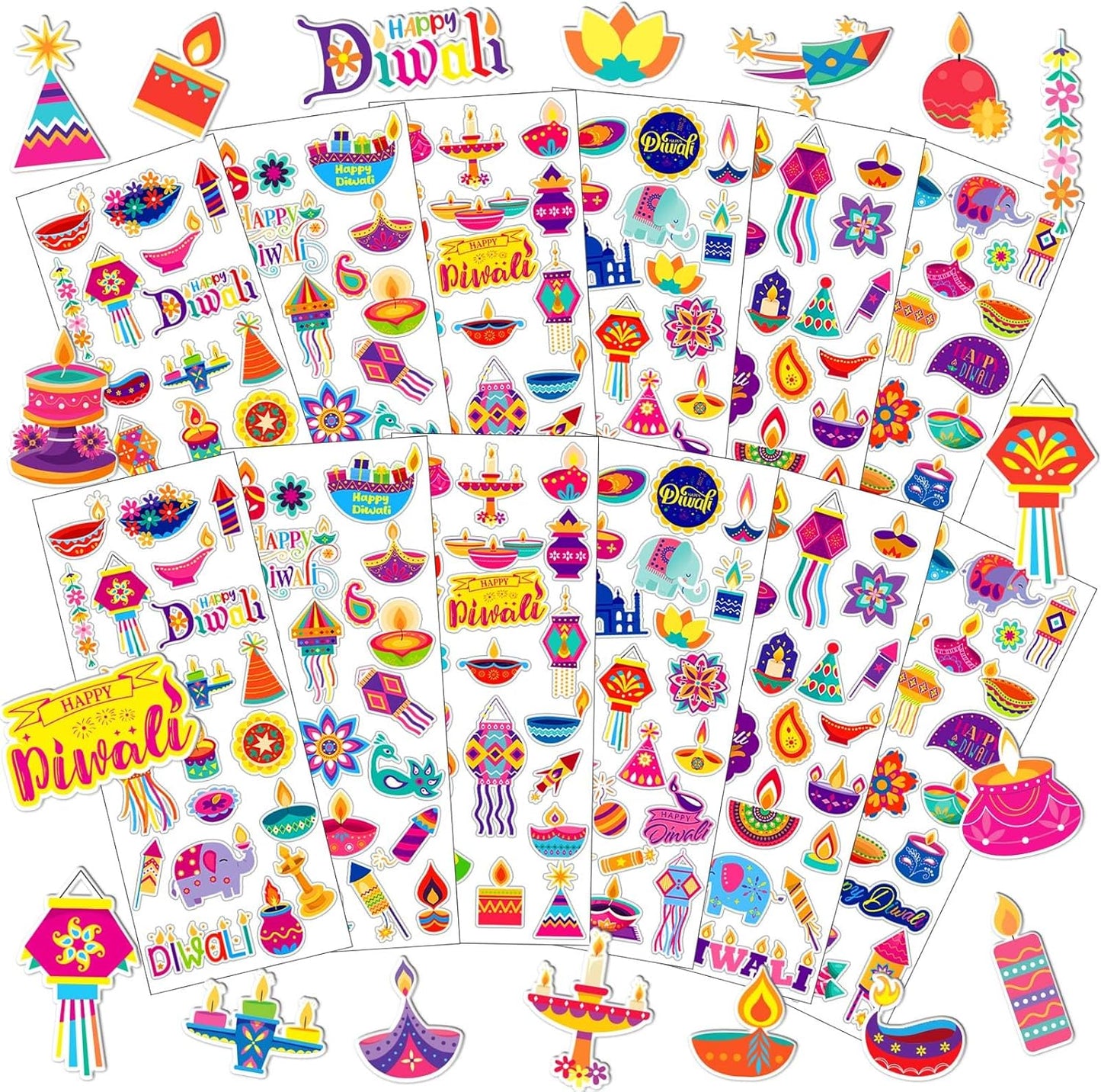 UPINS Happy Diwali Stickers, Foam 3D Puffy Stickers Assorted Lanterns Peacocks Elephants Diwali Sticker Bulk for Diwali Party Favors Scrapbooking Crafts Rewards(12 Sheets)