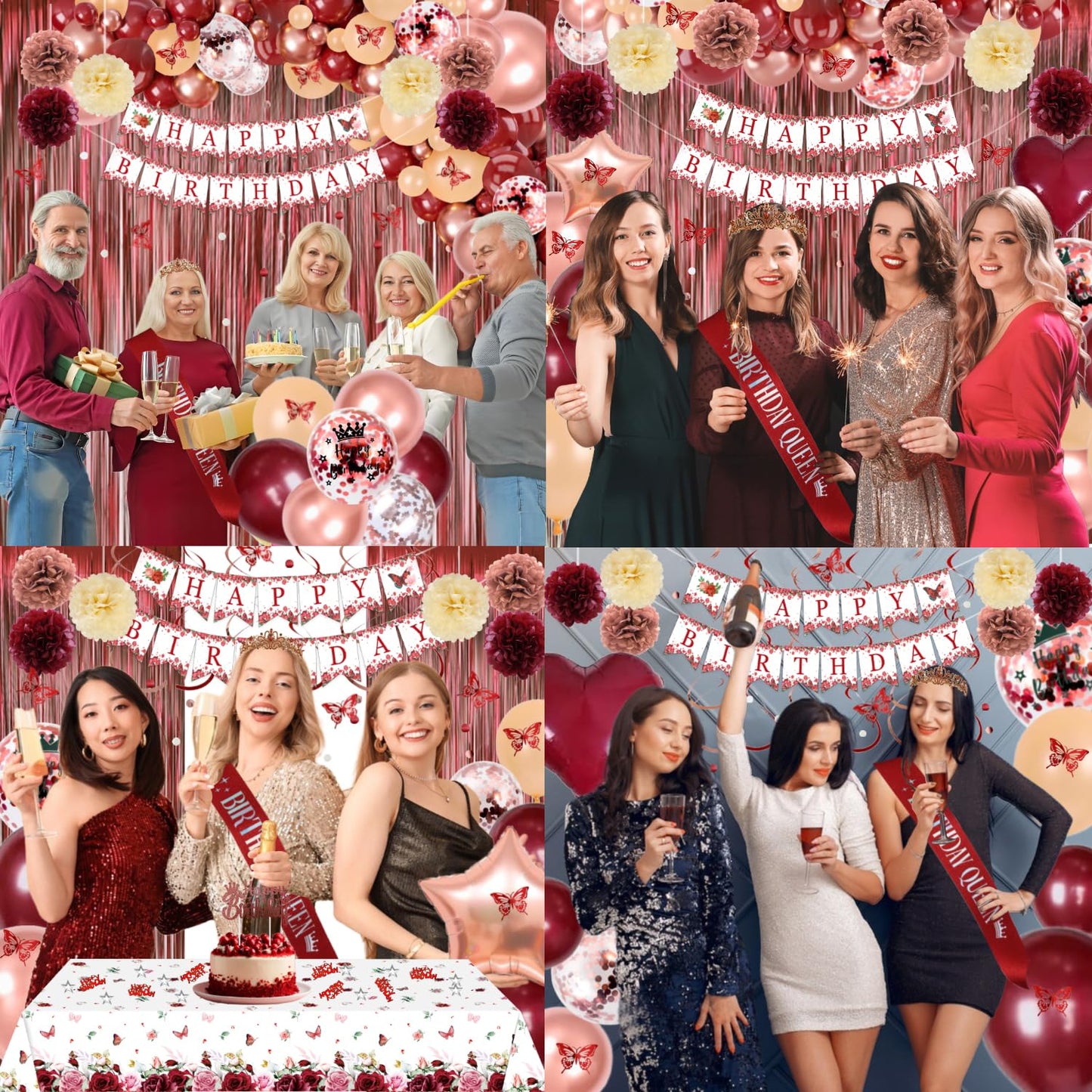 Burgundy Rose Gold Birthday Decorations with Happy Birthday Banner, Balloons, Sash, Crown, Butterfly, Hanging Swirls, Flower Tablecloth, Fringe Curtain, Pompoms for Women Girls Party Backdrop Supplies