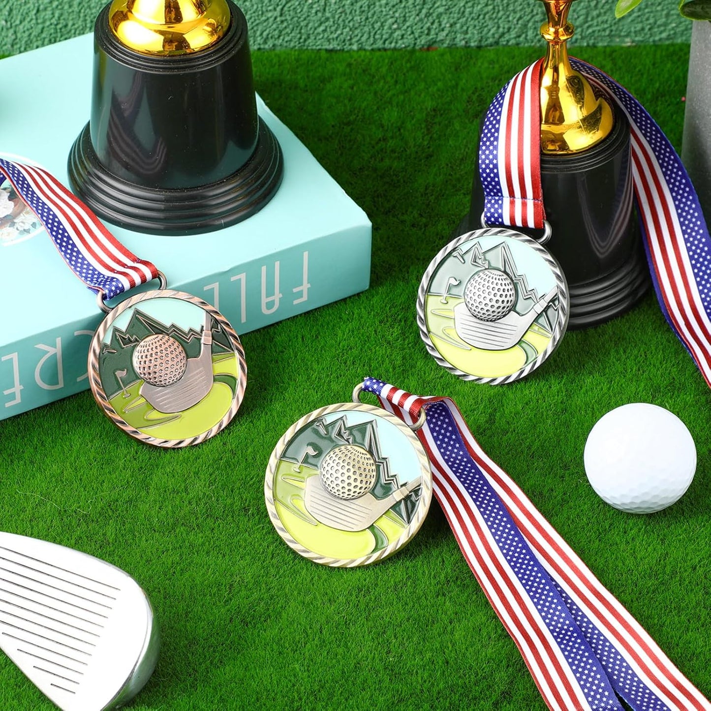 3 Pcs Golf Color Medal Gold Silver Bronze Golf Ball Award Medals with Neck Ribbon for Kids Adults Sports Tournament