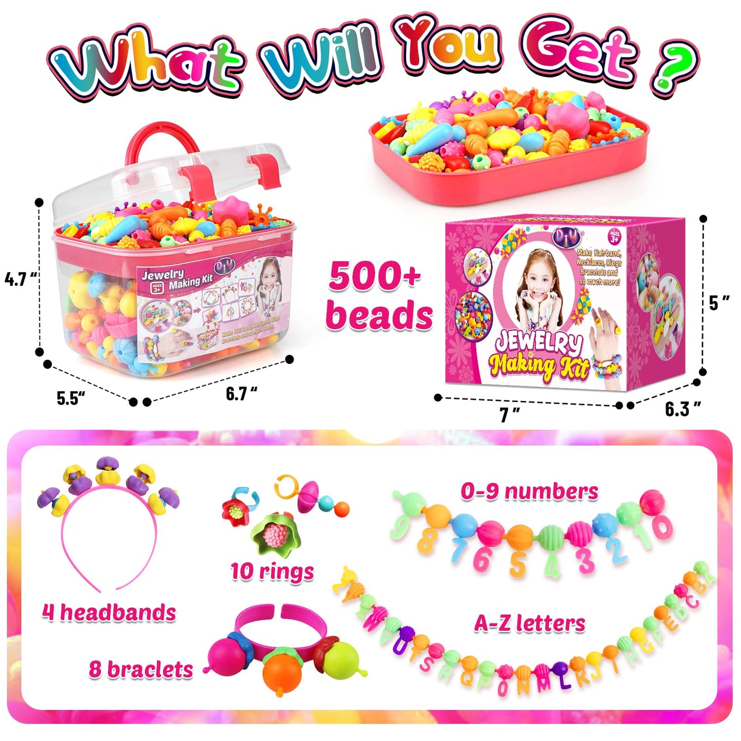 FUNZBO 520+ Snap Pop Beads - Jewelry Making Beads Charms Style Craft Kit, Arts and Crafts for Kids Ages 4-8, Toys for 3 4 5 6 7 Years Old Girls Birthday Gifts Ideas, Bracelet Necklace Ring for Girls